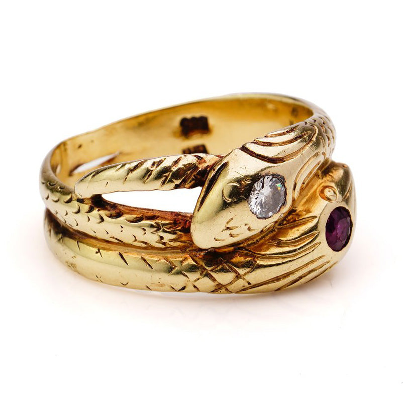 Vintage 1950s Gold Double Serpent Ring with Ruby and Diamond