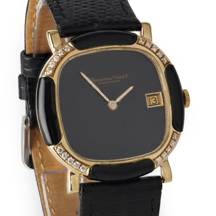 Vintage ladies IWC Schaffhausen 18ct Yellow Gold Watch with Black Face and Diamond and Onyx Bezel, Ref 2232671