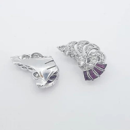 Art Deco Old Cut Diamond and Ruby Spray Clip On Earrings, in 18ct white gold