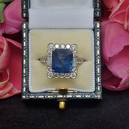 6.21ct Sapphire Ring with 1.44cts Brilliant and Baguette Diamonds