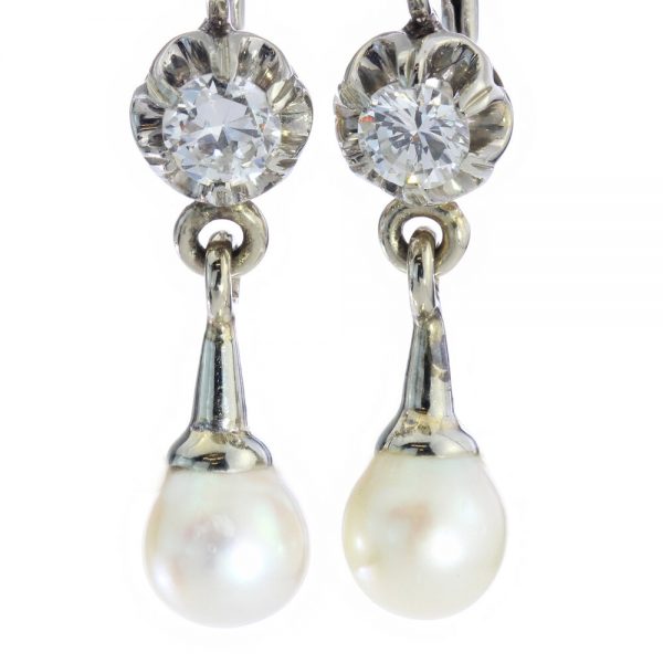 Vintage Pearl and Diamond Drop Earrings in 18ct White Gold, Circa 1950s