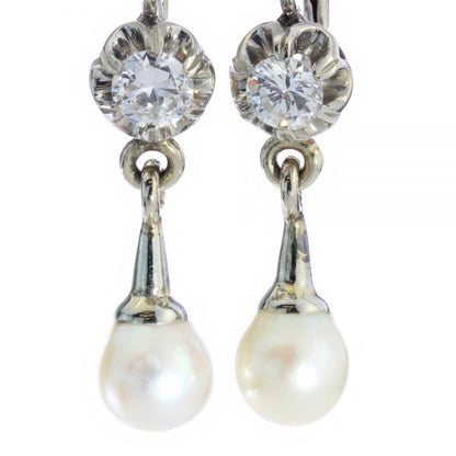 Vintage Pearl and Diamond Drop Earrings in 18ct White Gold, Circa 1950s