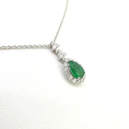 1.05ct Emerald and Diamond Pear Shaped Cluster Pendant with Chain