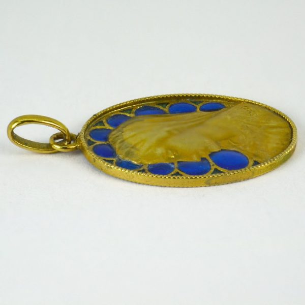 French 18ct Gold and Plique a Jour Blue Enamel Virgin Mary Pendant Signed Dropsy