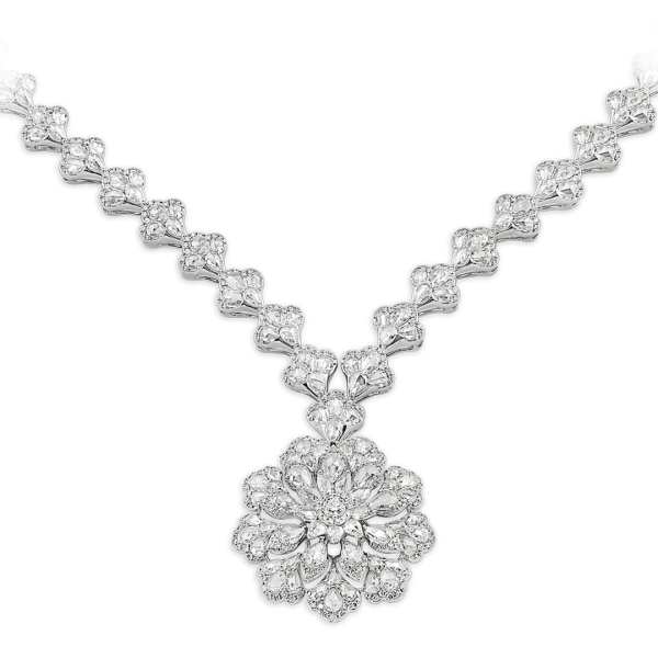 Statement Rose Cut Diamond Necklace with Cluster Pendant, 18.86 carats