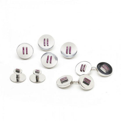 Cartier Vintage Ruby and Platinum Dress Set; pair of cufflinks, four buttons and two studs, in original fitted case, Signed, Circa 1950