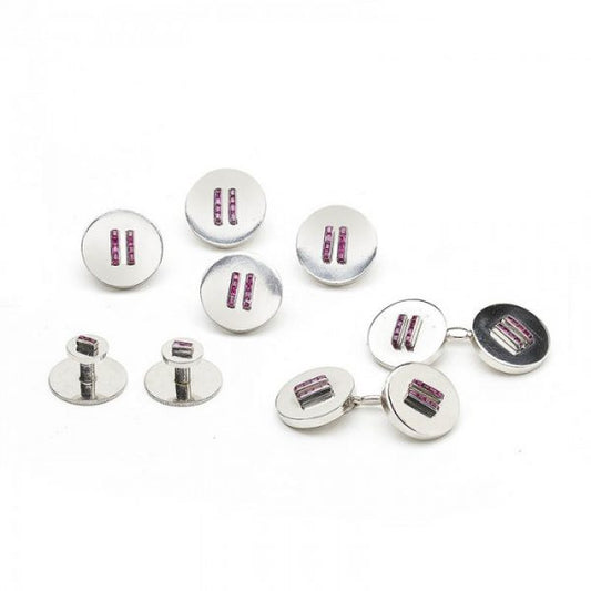 Cartier Vintage Ruby and Platinum Dress Set; pair of cufflinks, four buttons and two studs, in original fitted case, Signed, Circa 1950
