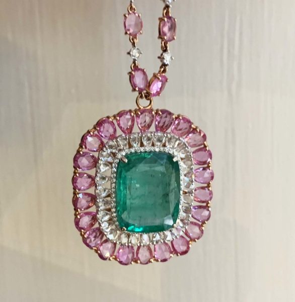 Emerald, Diamond and Pink Sapphire Cluster Necklace, 37.10 carat total