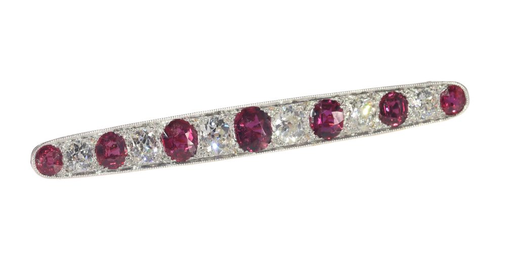 Art Deco 3.5ct Ruby and Diamond Bar Brooch