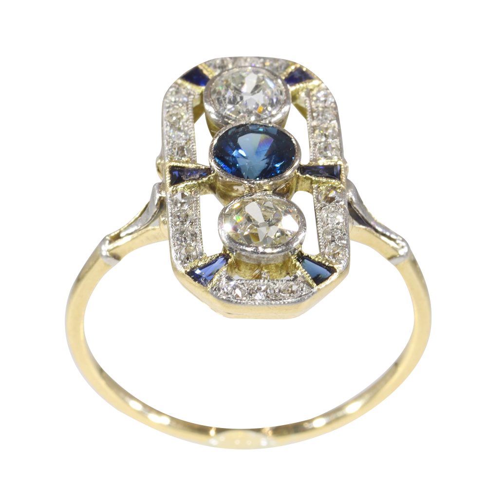 Art Deco Sapphire and Diamond Trilogy Plaque Ring