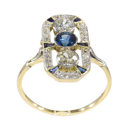 Art Deco Sapphire and Diamond Trilogy Plaque Ring