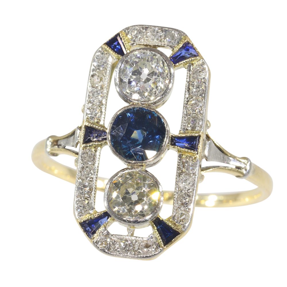 Art Deco Sapphire and Diamond Trilogy Plaque Ring