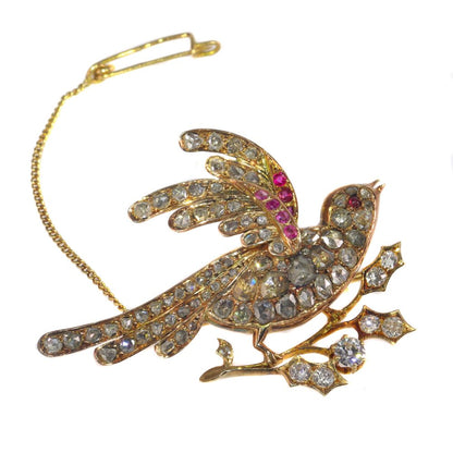Antique Victorian Old Cut Diamond Bird Brooch with Rubies