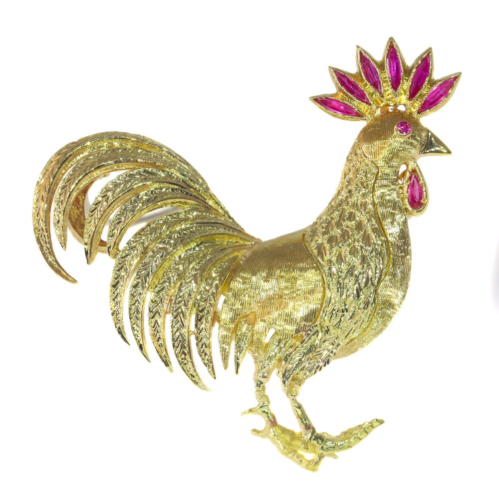 Vintage Italian Rooster Gold Brooch with Rubies