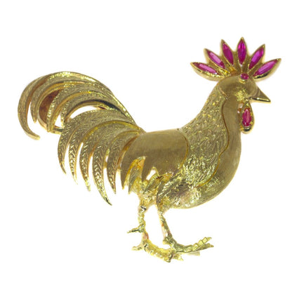 Vintage Italian Rooster Gold Brooch with Rubies