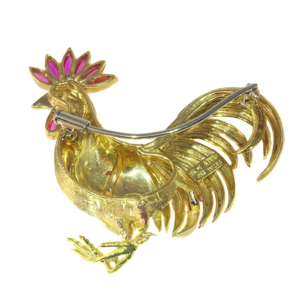 Vintage Italian Rooster Gold Brooch with Rubies