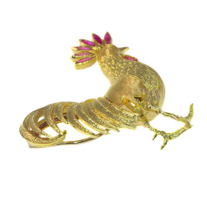 Vintage Italian Rooster Gold Brooch with Rubies