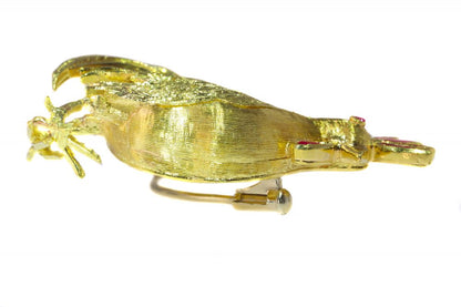 Vintage Italian Rooster Gold Brooch with Rubies