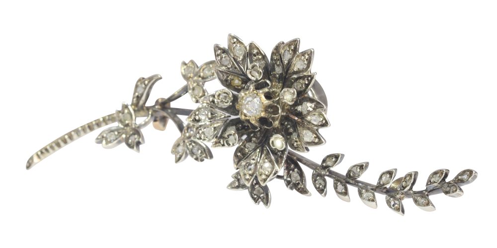Antique Victorian Diamond Trembleuse Floral Spray Brooch en Tremblant