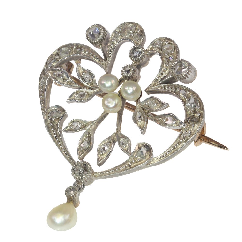 Antique Rose Cut Diamond Brooch Pendant with Seed Pearls