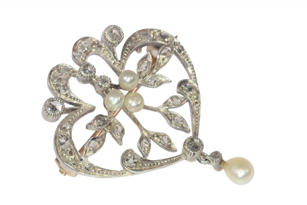 Antique Rose Cut Diamond Brooch Pendant with Seed Pearls