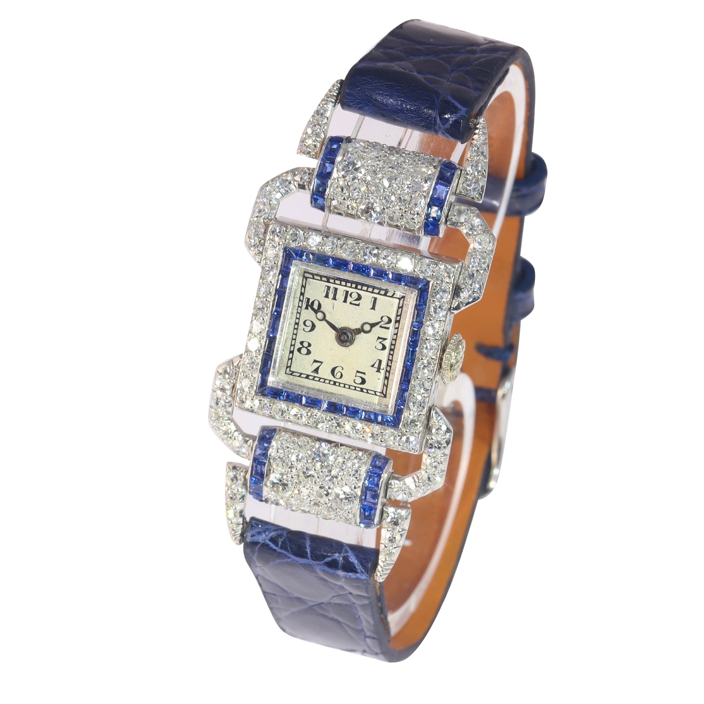 A ladies Art Deco design cocktail wristwatch set with diamonds and sapphires, on a blue leather strap