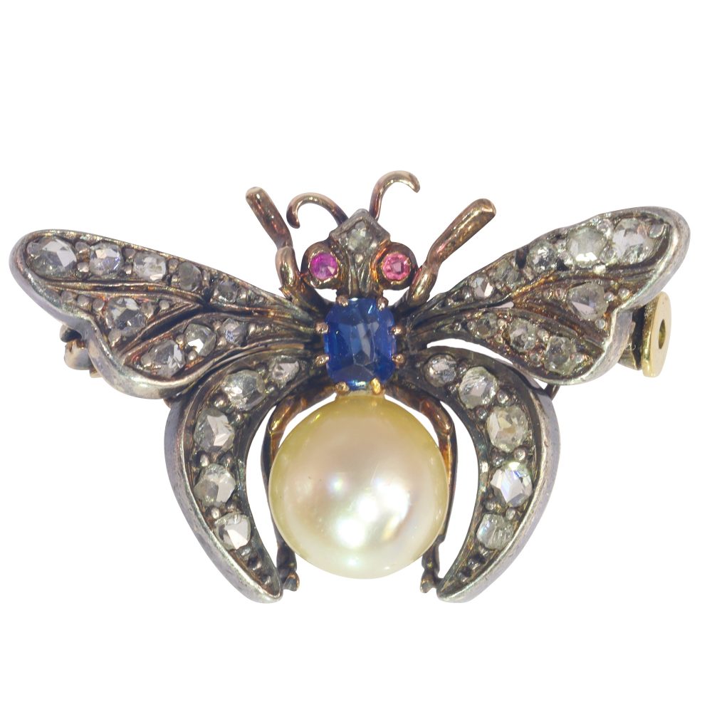 Antique Victorian Butterfly Brooch with Diamonds Rubies Sapphire and Pearl