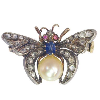 Antique Victorian Butterfly Brooch with Diamonds Rubies Sapphire and Pearl
