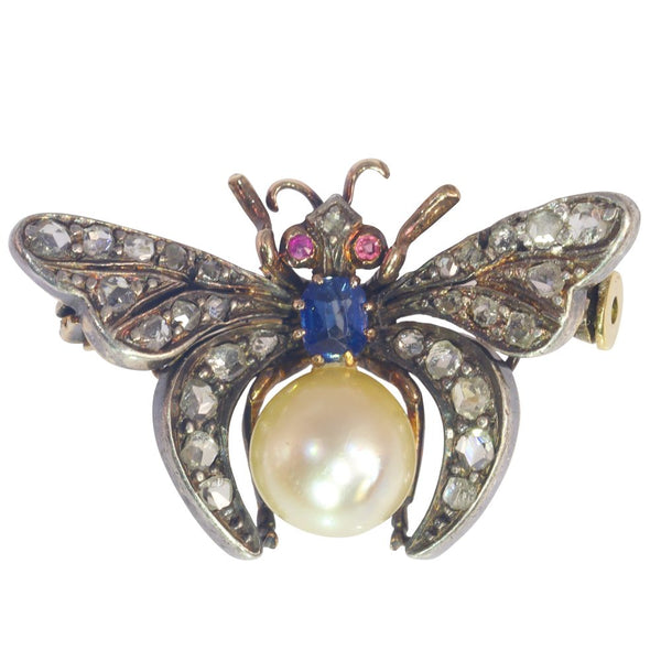 Antique Victorian Butterfly Brooch with Diamonds Rubies Sapphire and Pearl