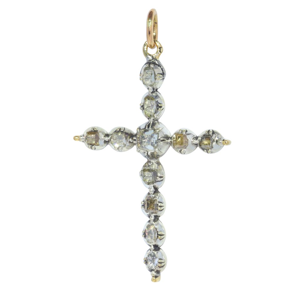 Antique Rococo 18th Century Diamond Cross Pendant, set with table-cut and rose-cut diamonds. Late Baroque Circa 1750
