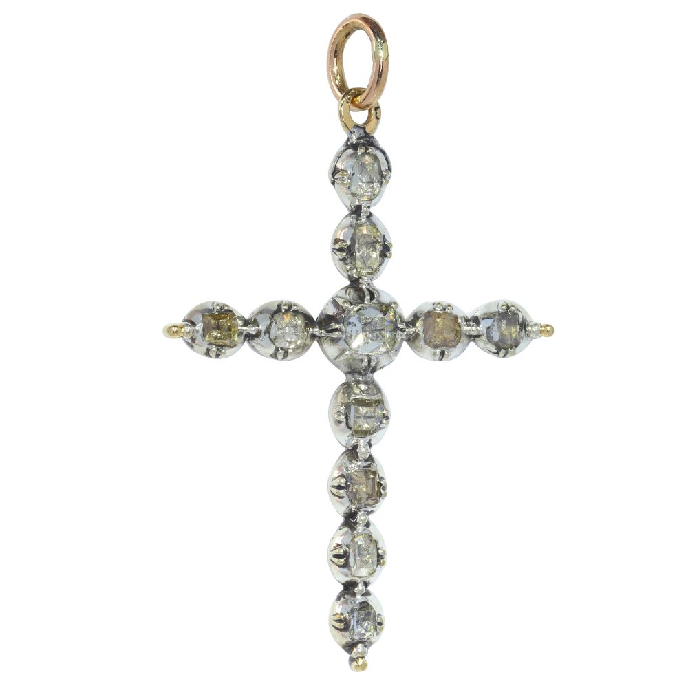 Antique Rococo 18th Century Diamond Cross Pendant, set with table-cut and rose-cut diamonds. Late Baroque Circa 1750