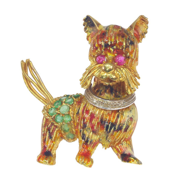 Vintage Gold Terrier Dog Brooch with Enamel, Diamond, Rubies and Emeralds
