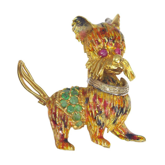 Vintage Gold Terrier Dog Brooch with Enamel, Diamond, Rubies and Emeralds