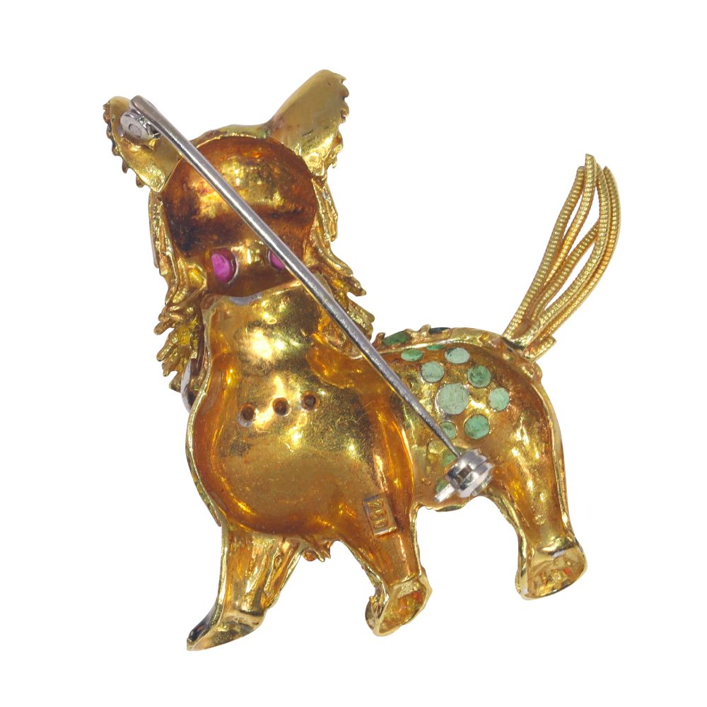 Vintage Gold Terrier Dog Brooch with Enamel, Diamond, Rubies and Emeralds
