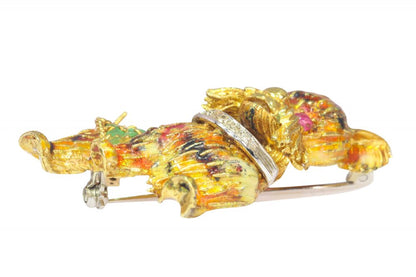 Vintage Gold Terrier Dog Brooch with Enamel, Diamond, Rubies and Emeralds