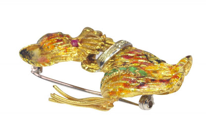 Vintage Gold Terrier Dog Brooch with Enamel, Diamond, Rubies and Emeralds