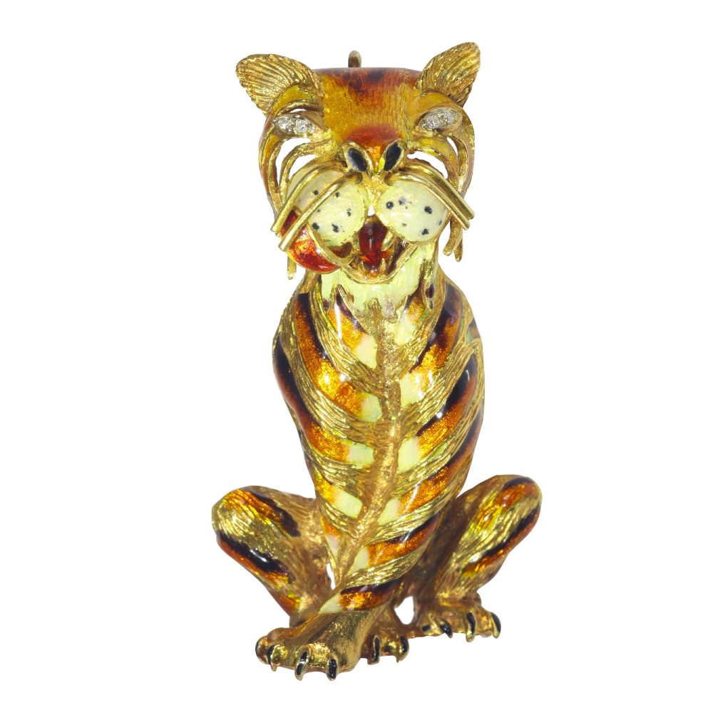 Vintage 1950s Enamelled Gold Tiger Brooch with Diamond Eyes