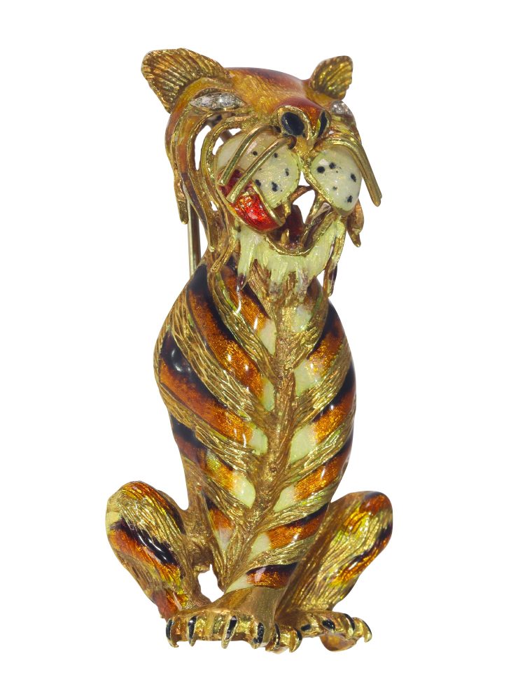 Vintage 1950s Enamelled Gold Tiger Brooch with Diamond Eyes