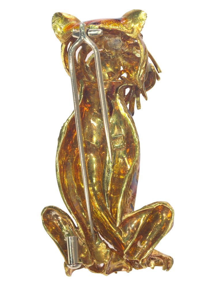 Vintage 1950s Enamelled Gold Tiger Brooch with Diamond Eyes