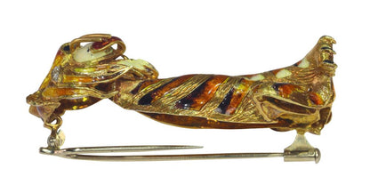 Vintage 1950s Enamelled Gold Tiger Brooch with Diamond Eyes