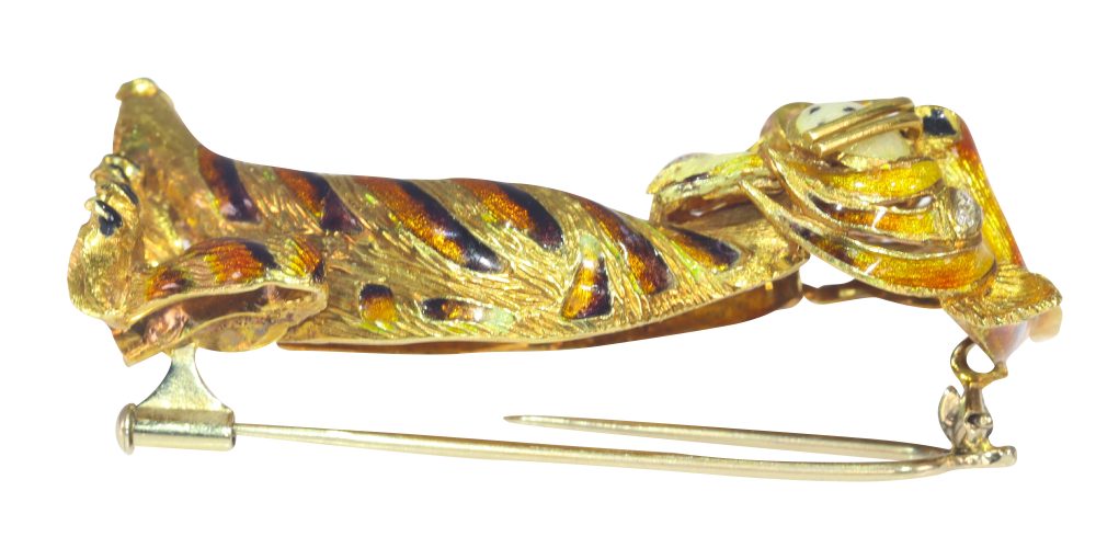 Vintage 1950s Enamelled Gold Tiger Brooch with Diamond Eyes