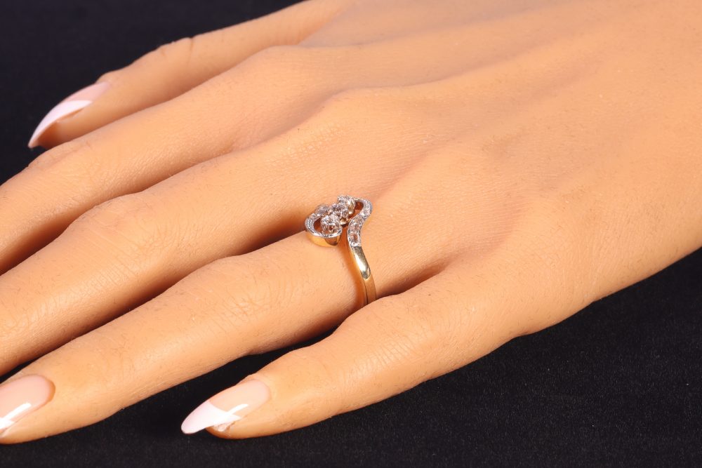 Art Nouveau Three Stone Diamond Crossover Ring