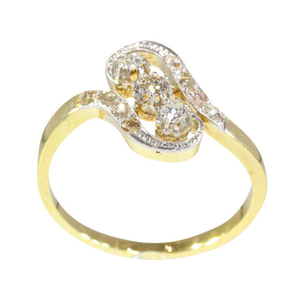 Art Nouveau Three Stone Diamond Crossover Ring