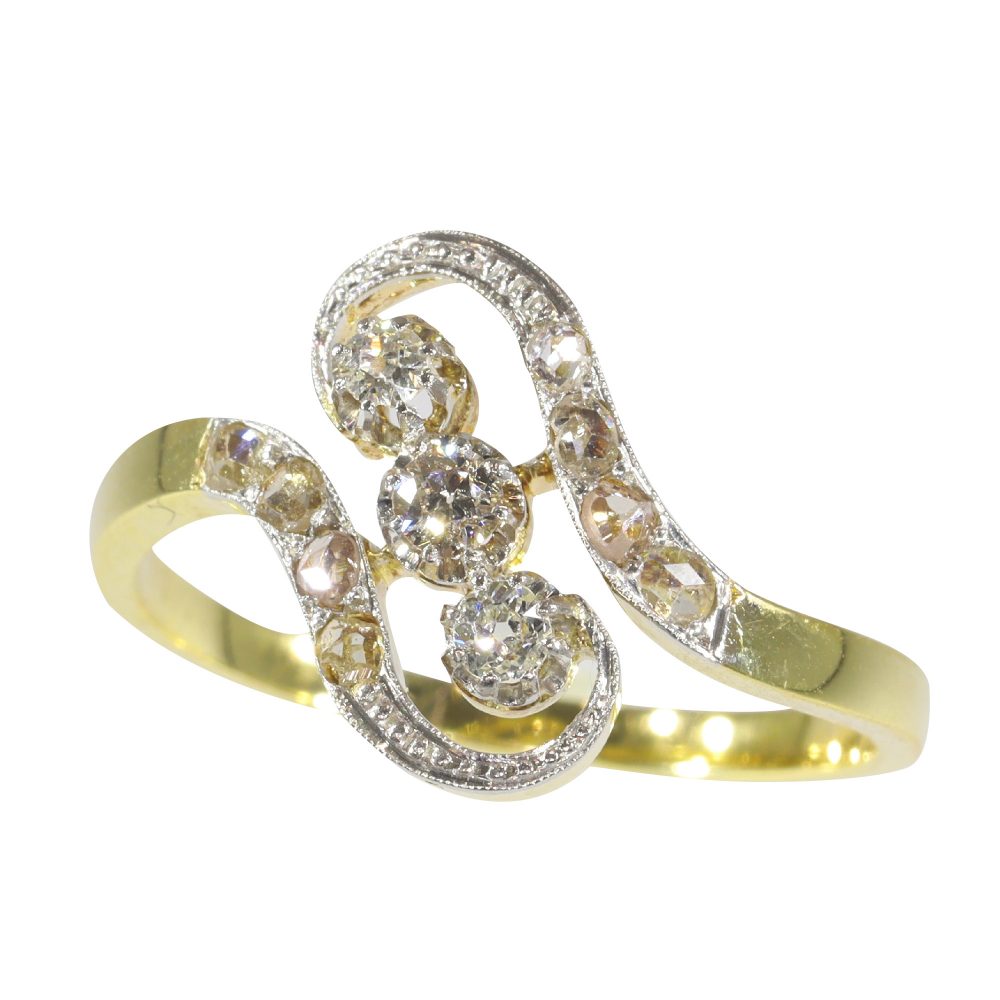 Art Nouveau Three Stone Diamond Crossover Ring