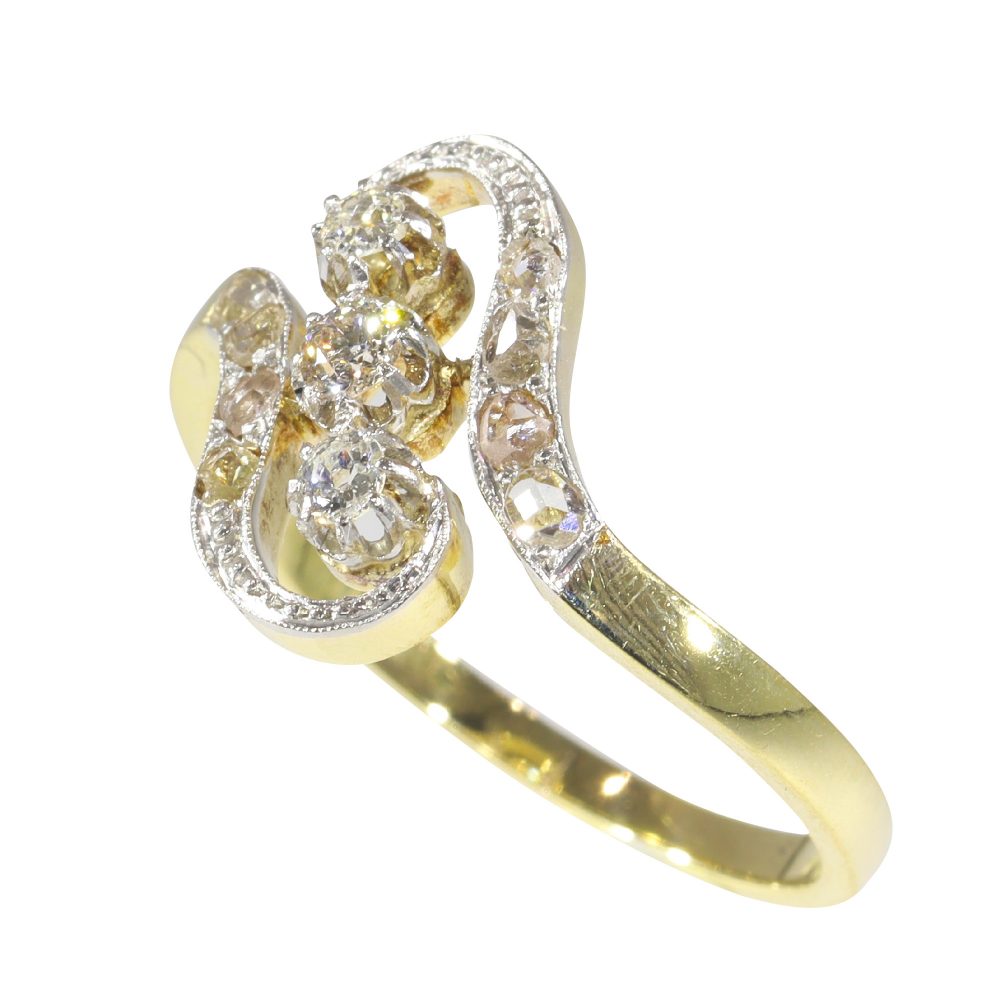Art Nouveau Three Stone Diamond Crossover Ring
