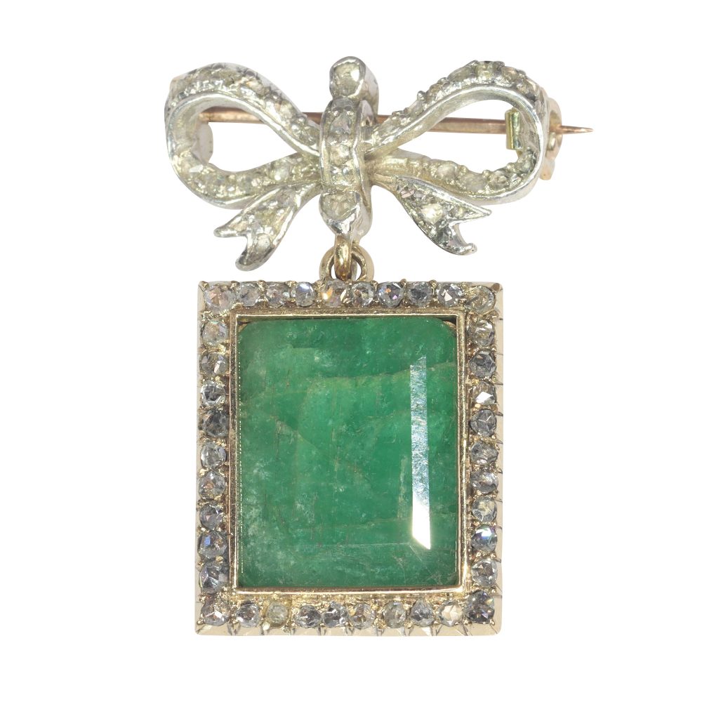 Antique Victorian 4ct Emerald and Diamond Cluster Pendant Bow Brooch