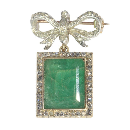Antique Victorian 4ct Emerald and Diamond Cluster Pendant Bow Brooch