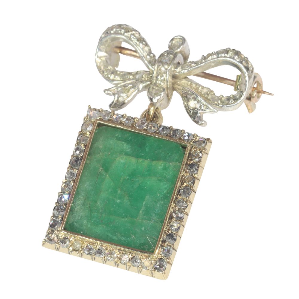 Antique Victorian 4ct Emerald and Diamond Cluster Pendant Bow Brooch