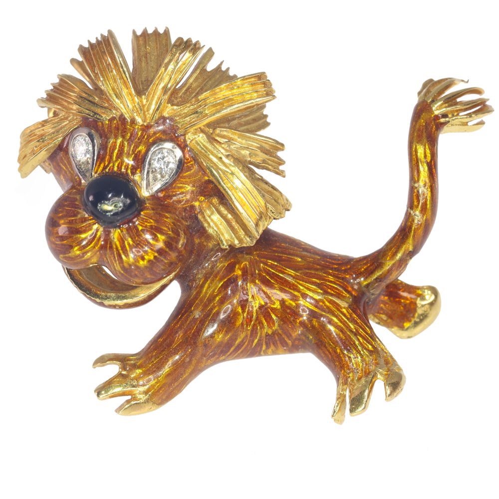 Vintage 1950s Enamel and Gold Lion Brooch with Diamond Eyes