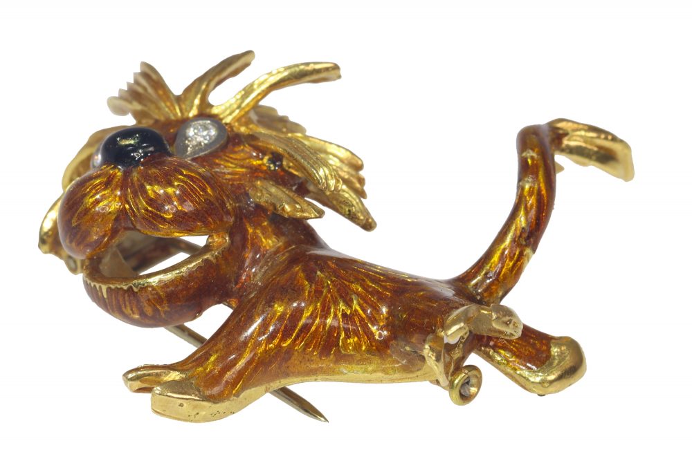 Vintage Enamel and Gold Lion Brooch with Diamond Eyes